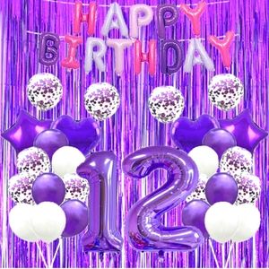 Purple Happy 12th Birthday balloons